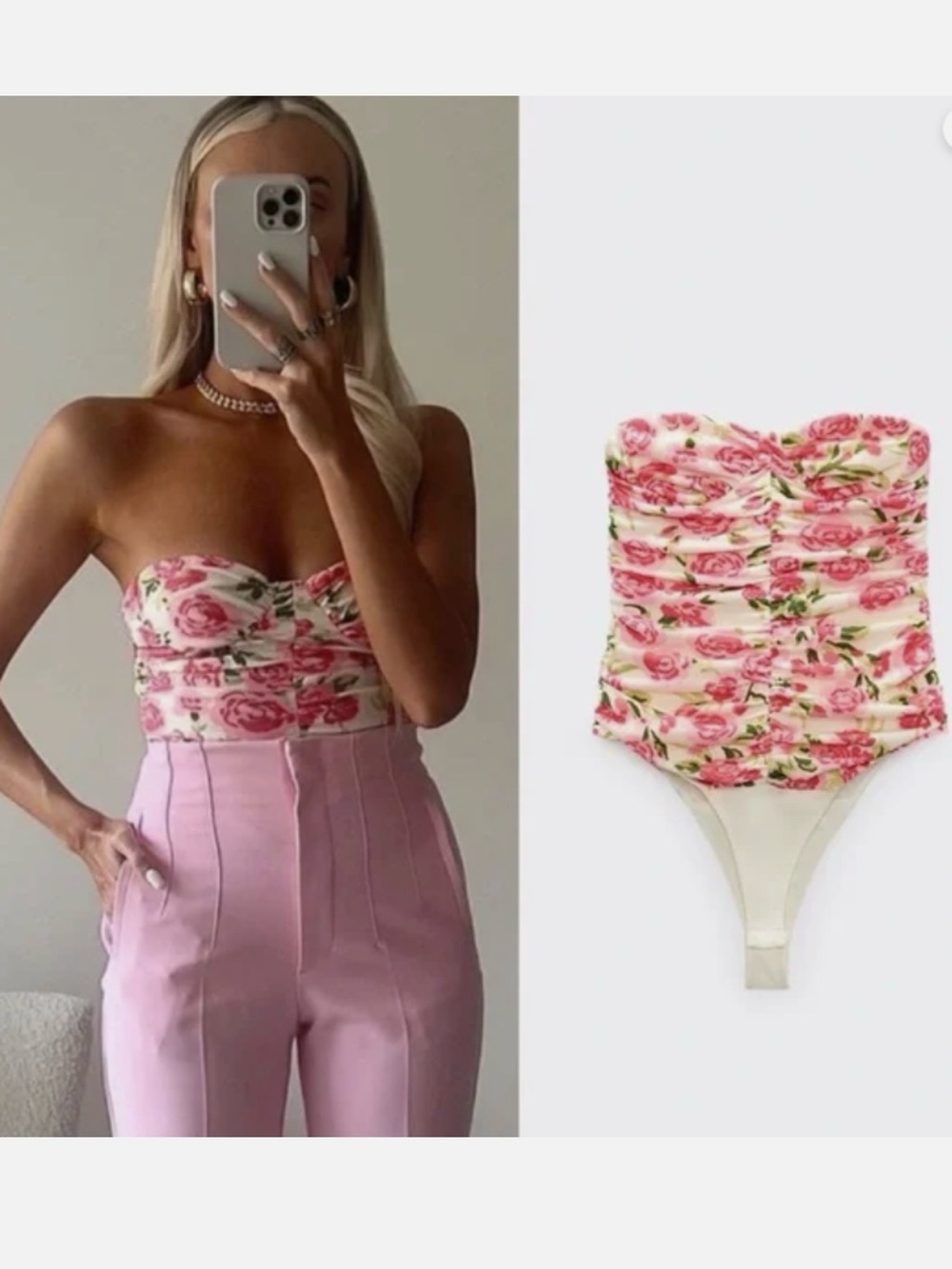 Zara Pink & Cream Floral Strapless One-Piece